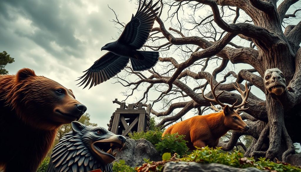 A vibrant, detailed scene of Slavic and Druidic animal totems and symbols, captured in a striking low-angle composition. In the foreground, a majestic bear, its fur glistening, stands guard over an ornate wooden carving of a wolf. In the middle ground, an elegant raven soars against a moody, cloudy sky, while a stag with an intricate antler headdress grazes on lush, verdant foliage. The background is layered with ancient, weathered trees, their branches reaching towards the heavens, evoking a sense of timeless, mystical connection between the natural and spiritual realms. The lighting is a warm, golden glow, casting a serene, reverent atmosphere over the scene. A vibrant, detailed scene of Slavic and Druidic animal totems and symbols, captured in a striking low-angle composition. In the foreground, a majestic bear, its fur glistening, stands guard over an ornate wooden carving of a wolf. In the middle ground, an elegant raven soars against a moody, cloudy sky, while a stag with an intricate antler headdress grazes on lush, verdant foliage. The background is layered with ancient, weathered trees, their branches reaching towards the heavens, evoking a sense of timeless, mystical connection between the natural and spiritual realms. The lighting is a warm, golden glow, casting a serene, reverent atmosphere over the scene.