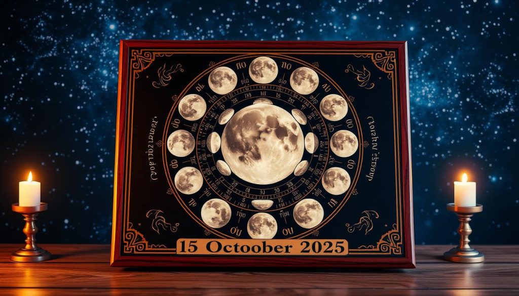 A vibrant, high-resolution image of a lunar calendar on 15 October 2025, showcasing the intricate phases of the moon against a backdrop of a starry night sky. The calendar is displayed on a wooden panel, with ornate calligraphic text and illustrations that highlight the astrological significance of the day. The scene is illuminated by a warm, soft light, creating a serene and contemplative atmosphere. The image captures the timeless beauty and mystical qualities of the moon's cycles, reflecting their profound influence on the lives of people.