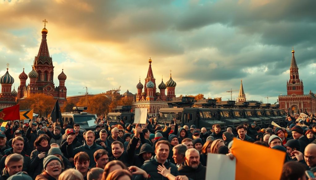 A vibrant historical scene depicting the momentous "events of October" in Russia, showcased against a backdrop of iconic onion-domed architecture and cloudy autumn skies. In the foreground, a crowd of protesters passionately rallying, their expressions captured in a dynamic clash of defiance and determination. Midground, military vehicles and armed guards stand vigilant, creating a palpable tension. The scene is illuminated by warm, dramatic lighting, casting dramatic shadows and highlights that enhance the sense of unfolding drama. Captured with a wide-angle lens to convey the scale and grandeur of the moment, this evocative image encapsulates the historical significance and emotional resonance of this pivotal event.