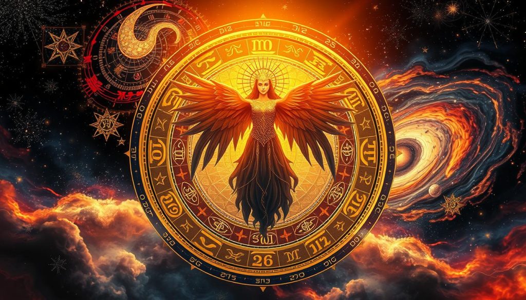 A visually striking and thematic horoscope illustration depicting the celestial energies of October 25, 2025. In the foreground, a mystical, ethereal celestial being, radiating an aura of cosmic power, central to the composition. Surrounding it, a mesmerizing blend of astrological symbols, zodiac motifs, and planetary alignments. The middle ground features a detailed, ornate zodiac wheel, with each sign beautifully rendered. In the background, a swirling, dynamic cosmic landscape, with nebulae, stars, and other celestial bodies creating a sense of depth and mystery. The lighting is dramatic, with a warm, golden glow illuminating the central figure and casting dramatic shadows. The overall mood is one of mysticism, wonder, and the timeless allure of astrology.