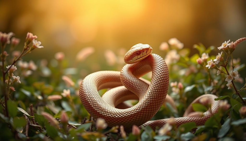 A warm and harmonious scene depicting the compatibility and love between two individuals. In the foreground, an intricately entwined pair of snakes, representing the Zodiac sign of the Snake, gently intertwined in a graceful dance. Their scales shimmer with a soft metallic sheen, suggesting a sense of sophistication and elegance. The middle ground features a lush, verdant backdrop, with delicate foliage and flowers that add a sense of natural beauty and tranquility. The lighting is soft and diffuse, creating a romantic, intimate atmosphere. The overall composition conveys a sense of balance, harmony, and deep connection between the two figures, reflecting the compatibility and love celebrated in the article's section.