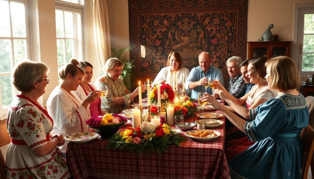 A warm and vibrant celebration of traditional Russian "Namedays" (Imeniny). In the center, a beautifully decorated table with a variety of festive dishes, colorful floral arrangements, and lit candles casting a soft, golden glow. In the background, a richly patterned tapestry or ornate wallpaper, hinting at the cultural heritage. Sunlight streams in through large windows, illuminating the joyous gathering of family and friends adorned in traditional folk attire, engaged in lively conversation and toasting the honored guest of the day. An atmosphere of time-honored ritual, familial bonds, and the reverence for one's personal feast day. A warm and vibrant celebration of traditional Russian "Namedays" (Imeniny). In the center, a beautifully decorated table with a variety of festive dishes, colorful floral arrangements, and lit candles casting a soft, golden glow. In the background, a richly patterned tapestry or ornate wallpaper, hinting at the cultural heritage. Sunlight streams in through large windows, illuminating the joyous gathering of family and friends adorned in traditional folk attire, engaged in lively conversation and toasting the honored guest of the day. An atmosphere of time-honored ritual, familial bonds, and the reverence for one's personal feast day.