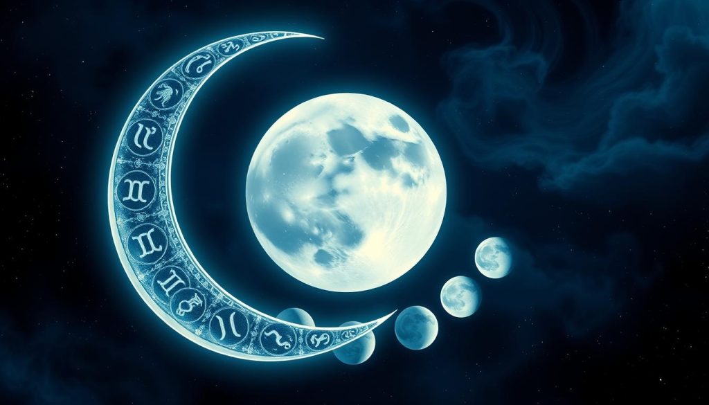An astrological lunar calendar, rendered in a captivating, mystical style. The foreground features a detailed waxing crescent moon, its surface illuminated by a cool, ethereal glow. Surrounding the moon are the zodiac symbols, each one intricately designed and arranged in a circular pattern, creating a sense of cosmic harmony. The middle ground showcases the lunar phases, depicted as a sequence of delicate, glowing orbs. In the background, a starry night sky sets the scene, with swirling celestial clouds and deep, indigo hues. The overall composition conveys a sense of ancient wisdom, timeless beauty, and the cyclical nature of the moon's phases. An astrological lunar calendar, rendered in a captivating, mystical style. The foreground features a detailed waxing crescent moon, its surface illuminated by a cool, ethereal glow. Surrounding the moon are the zodiac symbols, each one intricately designed and arranged in a circular pattern, creating a sense of cosmic harmony. The middle ground showcases the lunar phases, depicted as a sequence of delicate, glowing orbs. In the background, a starry night sky sets the scene, with swirling celestial clouds and deep, indigo hues. The overall composition conveys a sense of ancient wisdom, timeless beauty, and the cyclical nature of the moon's phases.
