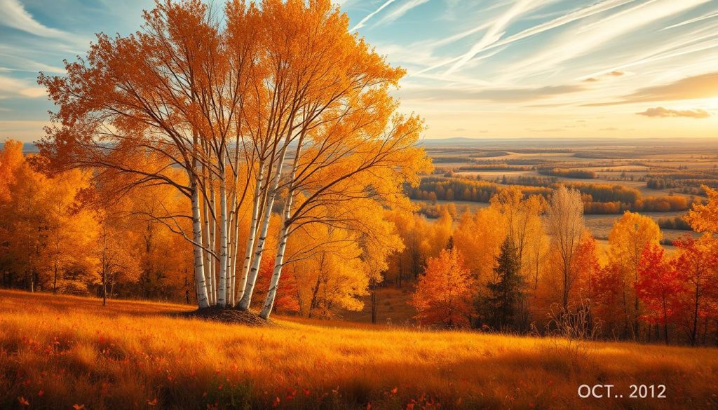 An autumn landscape in the style of Russian Impressionism, with a focus on the natural beauty of October. Vibrant oranges, reds, and golds fill the foreground, with a central focal point of a birch tree grove. Soft, diffused lighting filters through the canopy, casting a warm glow over the scene. In the background, a rolling countryside with distant hills, the sky a blend of soft blues and wispy clouds. The overall mood is one of tranquility and celebration of the changing seasons, reflecting the significance of the date. Subtle details, such as fallen leaves and a few late blooming wildflowers, add to the richness of the composition.