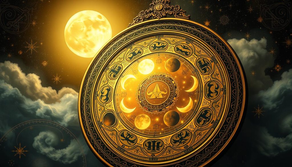 Detailed astrological illustration of the Aquarius lunar calendar. A mystical full moon casts a warm glow over an ornate, antique-style calendar depicting the phases and symbols of the Aquarius sign. Intricate celestial motifs, including crescent moons, stars, and astrological glyphs, fill the background. The calendar face is adorned with delicate floral and geometric patterns, creating a sense of timeless elegance. Soft, diffused lighting accentuates the rich textures and deep, saturated colors, conveying a serene, contemplative mood. The overall composition has a vintage, alchemical aesthetic that evokes the esoteric wisdom of lunar astrology.
