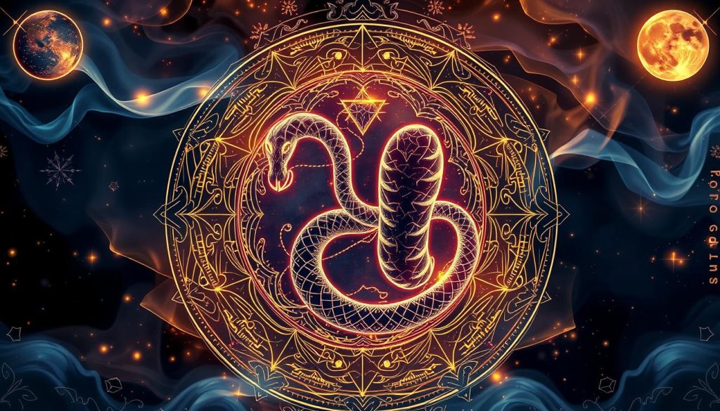 Detailed astrological zodiac sign illustration in a mystical, ethereal style. Elegant, intricate depiction of the "зодиака" symbol, with a focus on the snake or serpent element. Glowing, jewel-toned colors and ethereal lighting create an otherworldly, spiritual atmosphere. Smooth, flowing lines and abstract shapes evoke the esoteric, occult nature of astrology. Detailed, ornate patterns and decorative elements around the central zodiac symbol. Hints of celestial or cosmic imagery in the background, like stars, moons, or planets. Overall, a visually captivating, visually striking illustration that captures the mystique and significance of the "зодиака" zodiac symbol.