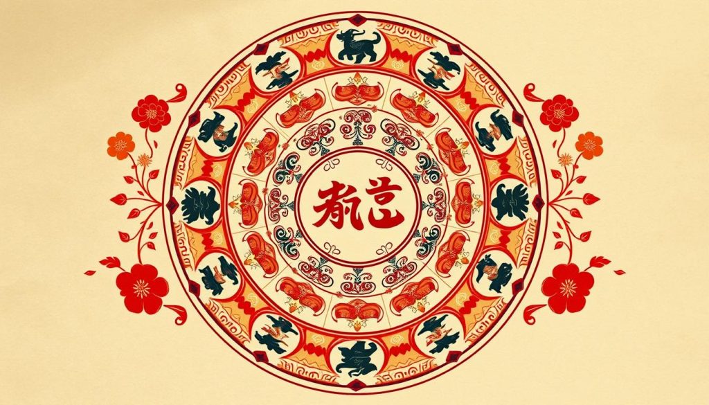 Detailed Chinese zodiac illustration with vivid symbolic imagery. Centered composition showcasing the 12 zodiac animal figures in an ornate circular design, surrounded by delicate floral patterns and traditional Chinese elements. Warm, earthy color palette with soft lighting and a serene, contemplative mood. Intricate details and textures to capture the cultural essence of the Chinese horoscope. Detailed Chinese zodiac illustration with vivid symbolic imagery. Centered composition showcasing the 12 zodiac animal figures in an ornate circular design, surrounded by delicate floral patterns and traditional Chinese elements. Warm, earthy color palette with soft lighting and a serene, contemplative mood. Intricate details and textures to capture the cultural essence of the Chinese horoscope.