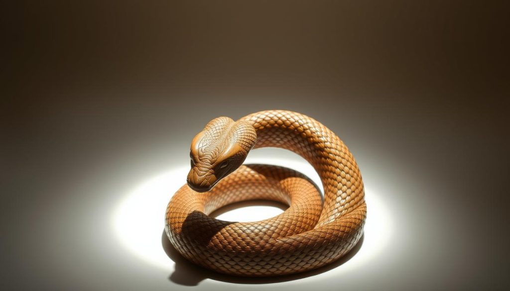 Detailed wooden snake sculpture, coiled and curled, with intricate grain patterns and textures. Soft, natural lighting from above illuminates the sinuous form, casting subtle shadows that accentuate the serpentine curves. The sculpture is the central focus, placed against a serene, minimalist background that allows the craftsmanship and symbolic power of the "Деревянная Змея" to shine. A tranquil, meditative atmosphere pervades the scene, conveying the deep significance of this zodiac symbol for the Year of the Wooden Snake in 2025.