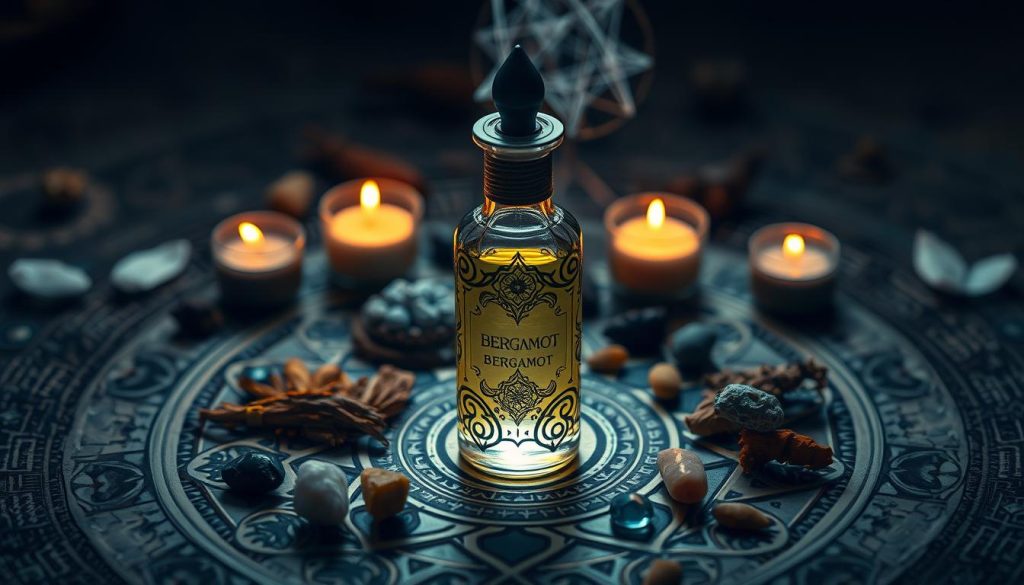 Elegant and mystical bergamot essential oil in an ornate glass bottle, surrounded by a mandala of mystical symbols, crystals, and dried herbs. Soft, warm lighting casts a soothing glow, creating an atmosphere of focus and mindfulness. The composition is balanced, with the bergamot bottle as the central point of interest. Subtle textures and a muted color palette evoke a sense of tranquility and spiritual awakening. The overall aesthetic is both visually striking and deeply symbolic, perfectly capturing the essence of talismans, incense, and sacred space. Elegant and mystical bergamot essential oil in an ornate glass bottle, surrounded by a mandala of mystical symbols, crystals, and dried herbs. Soft, warm lighting casts a soothing glow, creating an atmosphere of focus and mindfulness. The composition is balanced, with the bergamot bottle as the central point of interest. Subtle textures and a muted color palette evoke a sense of tranquility and spiritual awakening. The overall aesthetic is both visually striking and deeply symbolic, perfectly capturing the essence of talismans, incense, and sacred space.