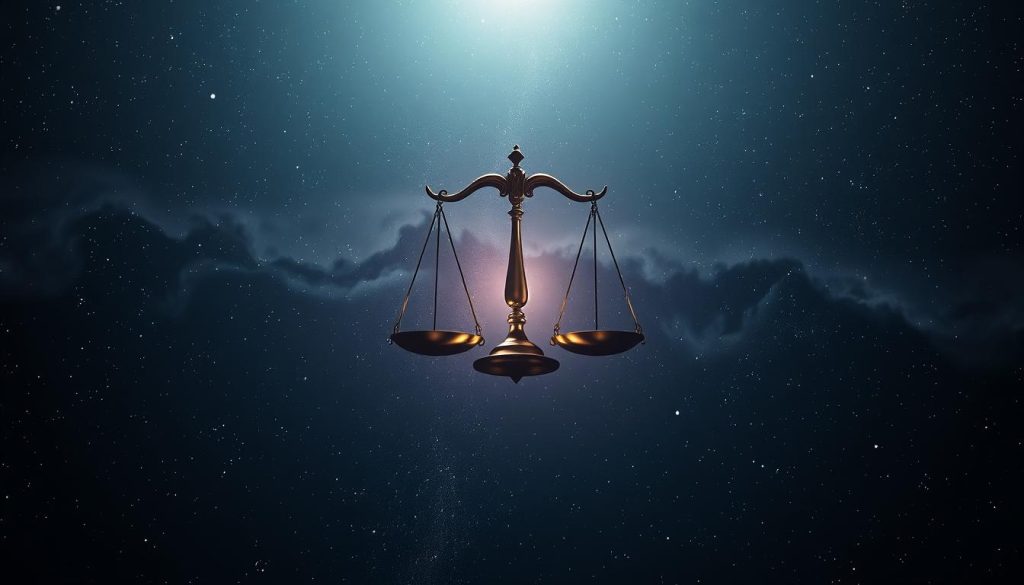 Elegant astral composition depicting the Libra zodiac symbol against a serene, starry night sky. The central balance scales float weightlessly, their curves and lines rendered in intricate detail. Shimmering celestial orbs and wisps of nebulae form a captivating backdrop, bathing the scene in a soft, diffuse glow. Dramatic shadows and highlights accentuate the three-dimensional nature of the scales, lending an air of mysticism and wonder. Moody, atmospheric lighting casts a contemplative, introspective mood, perfectly encapsulating the Libra spirit. Smooth, photorealistic rendering with a cinematic, wide-angle lens perspective. Elegant astral composition depicting the Libra zodiac symbol against a serene, starry night sky. The central balance scales float weightlessly, their curves and lines rendered in intricate detail. Shimmering celestial orbs and wisps of nebulae form a captivating backdrop, bathing the scene in a soft, diffuse glow. Dramatic shadows and highlights accentuate the three-dimensional nature of the scales, lending an air of mysticism and wonder. Moody, atmospheric lighting casts a contemplative, introspective mood, perfectly encapsulating the Libra spirit. Smooth, photorealistic rendering with a cinematic, wide-angle lens perspective.