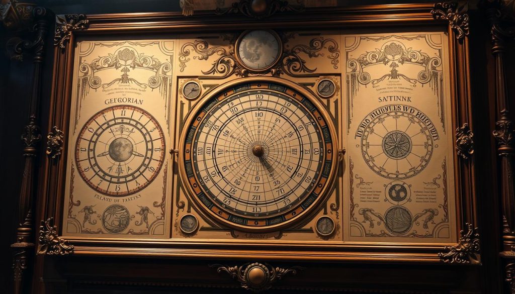 Intricate calendar display with gregorian, lunar, slavic, and eastern elements. Ornate wooden frame with brass detailing. Parchment-like pages with hand-drawn illustrations of celestial bodies, nature motifs, and ancient symbols. Soft warm lighting casts gentle shadows, creating a sense of timeless elegance. The calendar is prominently featured, occupying the central focus, surrounded by atmospheric details that provide historical and cultural context. Overall, a visually striking and meticulously crafted representation of the diverse calendar systems. Intricate calendar display with gregorian, lunar, slavic, and eastern elements. Ornate wooden frame with brass detailing. Parchment-like pages with hand-drawn illustrations of celestial bodies, nature motifs, and ancient symbols. Soft warm lighting casts gentle shadows, creating a sense of timeless elegance. The calendar is prominently featured, occupying the central focus, surrounded by atmospheric details that provide historical and cultural context. Overall, a visually striking and meticulously crafted representation of the diverse calendar systems.