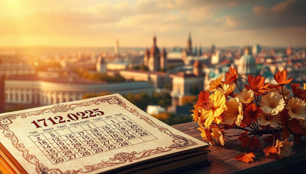 Октября 2025, a captivating historical illustration. In the foreground, an ornate calendar page with intricate metallic flourishes, highlighting the date "17,10,2025". Surrounding it, a warm, amber-tinted light casts a nostalgic glow, evoking a sense of timeless elegance. In the middle ground, a delicate bouquet of autumn flowers, their petals gently swaying, symbolizing the natural cycle of the seasons. In the background, a panoramic view of a picturesque city skyline, its architecture blending classic and modern elements, suggesting the passage of time and the evolution of the world. The overall composition conveys a harmonious balance between the historical significance and the enduring beauty of the date. Октября 2025, a captivating historical illustration. In the foreground, an ornate calendar page with intricate metallic flourishes, highlighting the date "17,10,2025". Surrounding it, a warm, amber-tinted light casts a nostalgic glow, evoking a sense of timeless elegance. In the middle ground, a delicate bouquet of autumn flowers, their petals gently swaying, symbolizing the natural cycle of the seasons. In the background, a panoramic view of a picturesque city skyline, its architecture blending classic and modern elements, suggesting the passage of time and the evolution of the world. The overall composition conveys a harmonious balance between the historical significance and the enduring beauty of the date.