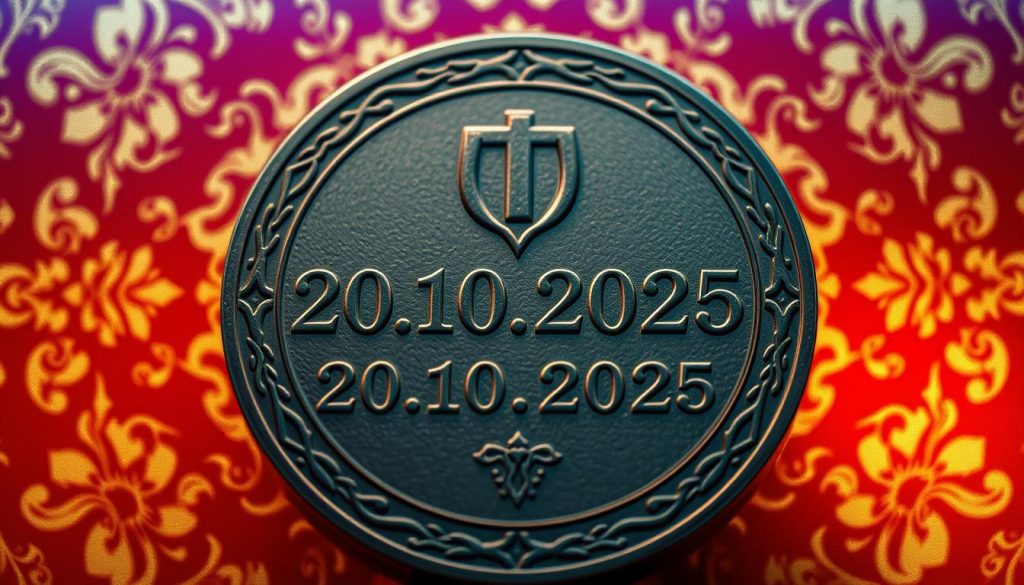 Октября - an iconic symbol of the Ukrainian calendar, against a backdrop of a traditional red and gold ornamental pattern. The date "20.10.2025" is subtly etched into the design, capturing the essence of the historical moment. Warm, soft lighting illuminates the scene, casting a sense of reverence and significance. The overall composition evokes a timeless, elegant aesthetic, befitting the informative nature of the article's subject matter.