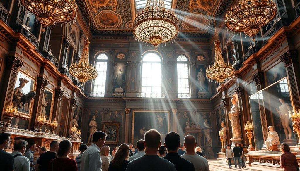 Opulent Ukrainian cultural heritage, showcasing the nation's vibrant history and artistic traditions. A grand, ornate museum interior with intricate architecture, ornate chandeliers, and gilded details. Sunlight streams through tall windows, illuminating the grand hall filled with ancient relics, sculptures, and artifacts. In the foreground, a group of visitors silently admiring the impressive displays, their faces aglow with wonder and reverence. The scene conveys a sense of timeless grandeur, inviting the viewer to explore the rich tapestry of Ukraine's cultural legacy. Opulent Ukrainian cultural heritage, showcasing the nation's vibrant history and artistic traditions. A grand, ornate museum interior with intricate architecture, ornate chandeliers, and gilded details. Sunlight streams through tall windows, illuminating the grand hall filled with ancient relics, sculptures, and artifacts. In the foreground, a group of visitors silently admiring the impressive displays, their faces aglow with wonder and reverence. The scene conveys a sense of timeless grandeur, inviting the viewer to explore the rich tapestry of Ukraine's cultural legacy.