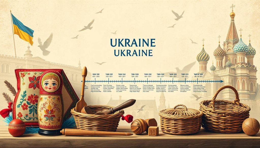 Памятные даты: a rich tapestry of Ukrainian history and culture, captured in a vibrant, illustrative composition. In the foreground, a selection of iconic Ukrainian artifacts and symbols - an embroidered rushnyk, a wooden matryoshka doll, a Kozak sabre, and a traditional woven basket. The middle ground features a stylized timeline, with significant dates and events highlighted in a bold, typographic treatment. The background is a muted, textural collage of Ukrainian architectural elements, such as onion-domed churches and Cossack strongholds, complemented by a soft, warm lighting that evokes a sense of nostalgia and reverence. The overall aesthetic aims to celebrate the rich tapestry of Ukrainian cultural heritage and the enduring spirit of the nation.