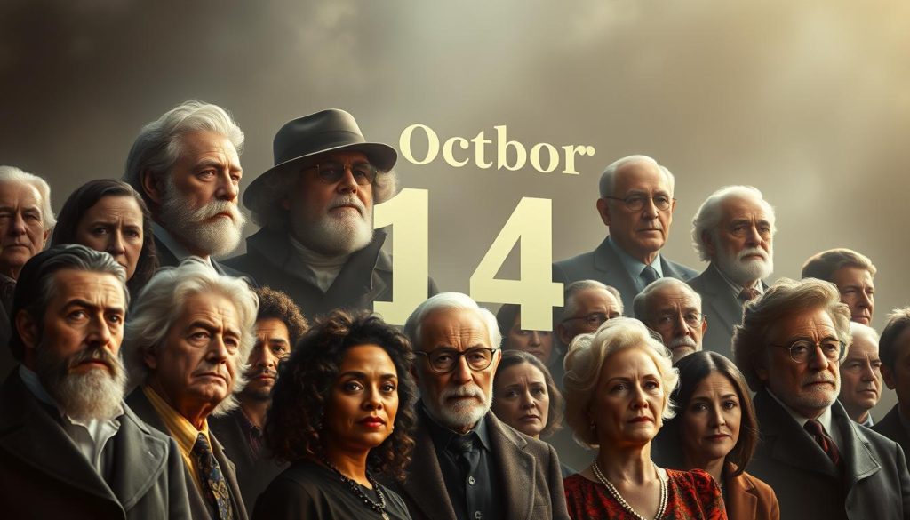 Stunning digital portrait of a group of famous individuals born on October 14th, illuminated by soft, natural lighting and captured with a cinematic wide-angle lens. The image showcases an eclectic mix of renowned personalities from various fields, including actors, musicians, politicians, and historical figures, all united in a cohesive, harmonious composition. The foreground features detailed, lifelike renderings of the celebrities, while the middle ground and background subtly fade into a hazy, ethereal setting, creating a sense of timelessness and grandeur. The overall mood is one of celebration and reverence, perfectly capturing the spirit of honoring the lives and legacies of these celebrated individuals born on this auspicious day.