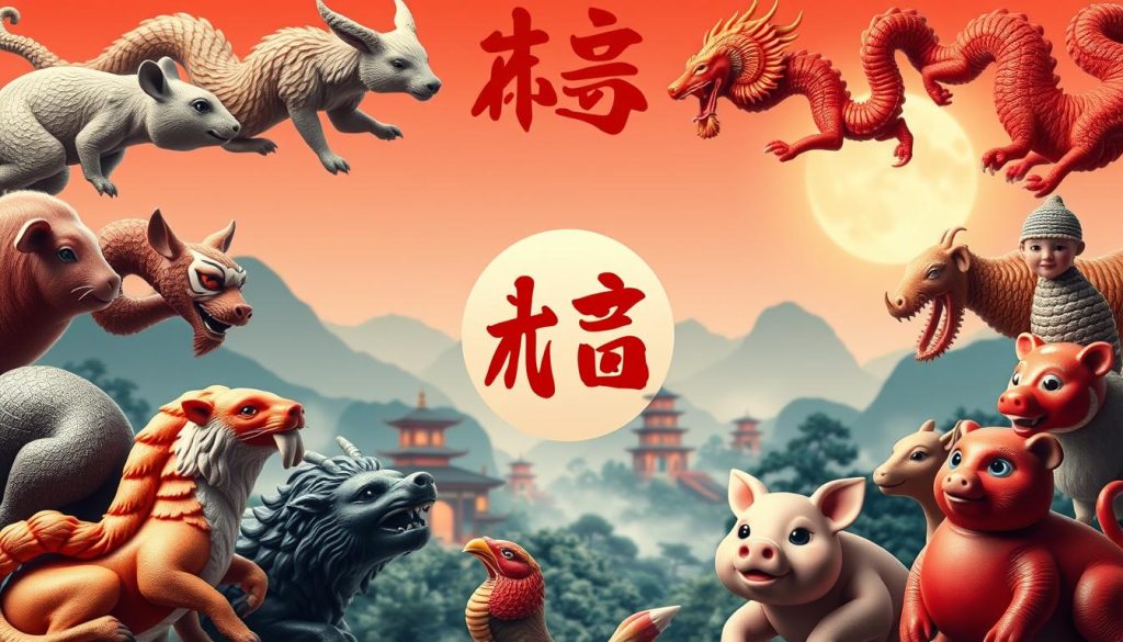 Twelve vibrant animal figures, representing the Chinese zodiac, arranged in a circular composition. The foreground features the detailed forms of the twelve creatures - rat, ox, tiger, rabbit, dragon, snake, horse, goat, monkey, rooster, dog, and pig - each rendered with intricate textures and lifelike expressions. The middle ground showcases a serene, traditional Chinese landscape with pagodas, mountains, and lush foliage, establishing a harmonious cultural setting. Soft, warm lighting creates a contemplative, almost mystical atmosphere, drawing the viewer's focus to the central zodiac symbols. The overall composition conveys a sense of timeless tradition and cultural significance, suitable for illustrating the section on the Chinese zodiac cycle. Twelve vibrant animal figures, representing the Chinese zodiac, arranged in a circular composition. The foreground features the detailed forms of the twelve creatures - rat, ox, tiger, rabbit, dragon, snake, horse, goat, monkey, rooster, dog, and pig - each rendered with intricate textures and lifelike expressions. The middle ground showcases a serene, traditional Chinese landscape with pagodas, mountains, and lush foliage, establishing a harmonious cultural setting. Soft, warm lighting creates a contemplative, almost mystical atmosphere, drawing the viewer's focus to the central zodiac symbols. The overall composition conveys a sense of timeless tradition and cultural significance, suitable for illustrating the section on the Chinese zodiac cycle.