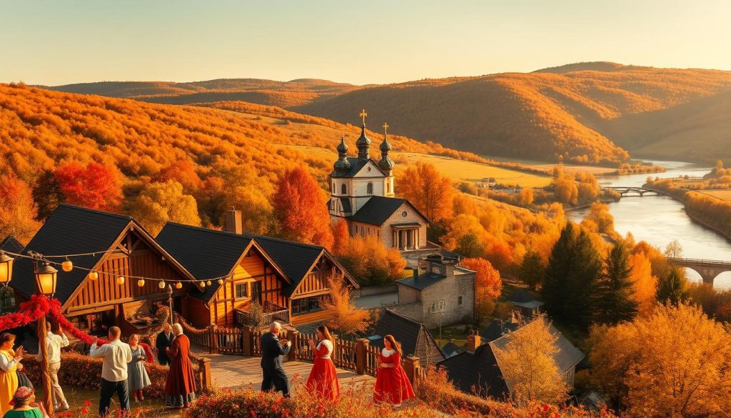 Vibrant autumn landscape in Ukraine, October 2025. A quaint village nestled among rolling hills, adorned with colorful foliage. In the foreground, a lively celebration with traditional dancers in folk costumes, music, and festive decorations. Warm lighting from lanterns and a clear, golden sky create a cozy, celebratory atmosphere. In the middle ground, a historic church with onion domes stands as a focal point, surrounded by charming cottages. The background features a tranquil river winding through the scenic countryside. The overall scene conveys the rich cultural heritage and joyous traditions of Ukraine's October holidays.