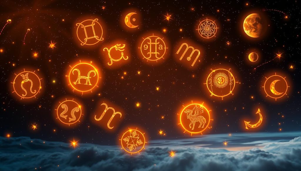 Zodiac symbols floating in a mystical celestial realm, illuminated by a warm and enchanting lighting. The stars and planets swirl around, casting a serene and contemplative atmosphere. In the foreground, the twelve zodiac signs are prominently displayed, each crafted with intricate details and a sense of ancient wisdom. The middle ground features astrological elements like crescent moons, comets, and celestial orbs, creating a sense of cosmic harmony. The background depicts a deep, inky night sky, with wispy clouds and a subtle glow on the horizon, suggesting the passage of time and the cyclical nature of the stars. This image aims to capture the timeless allure of astrology and the mystique of the zodiac. Zodiac symbols floating in a mystical celestial realm, illuminated by a warm and enchanting lighting. The stars and planets swirl around, casting a serene and contemplative atmosphere. In the foreground, the twelve zodiac signs are prominently displayed, each crafted with intricate details and a sense of ancient wisdom. The middle ground features astrological elements like crescent moons, comets, and celestial orbs, creating a sense of cosmic harmony. The background depicts a deep, inky night sky, with wispy clouds and a subtle glow on the horizon, suggesting the passage of time and the cyclical nature of the stars. This image aims to capture the timeless allure of astrology and the mystique of the zodiac.