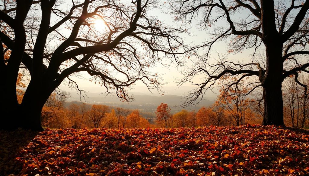 A breathtaking autumnal landscape set against a crisp November sky. In the foreground, a vibrant array of fallen leaves in hues of gold, amber, and crimson carpet the ground. Gnarled tree branches reach skyward, their silhouettes casting intricate shadows across the scene. A warm, diffused light filters through the canopy, creating a soft, ethereal glow. In the distance, a hazy horizon dotted with rolling hills and the faint outline of a village nestled between them. The overall mood is one of tranquility and introspection, evocative of the contemplative spirit of this transitional time of year. A breathtaking autumnal landscape set against a crisp November sky. In the foreground, a vibrant array of fallen leaves in hues of gold, amber, and crimson carpet the ground. Gnarled tree branches reach skyward, their silhouettes casting intricate shadows across the scene. A warm, diffused light filters through the canopy, creating a soft, ethereal glow. In the distance, a hazy horizon dotted with rolling hills and the faint outline of a village nestled between them. The overall mood is one of tranquility and introspection, evocative of the contemplative spirit of this transitional time of year.