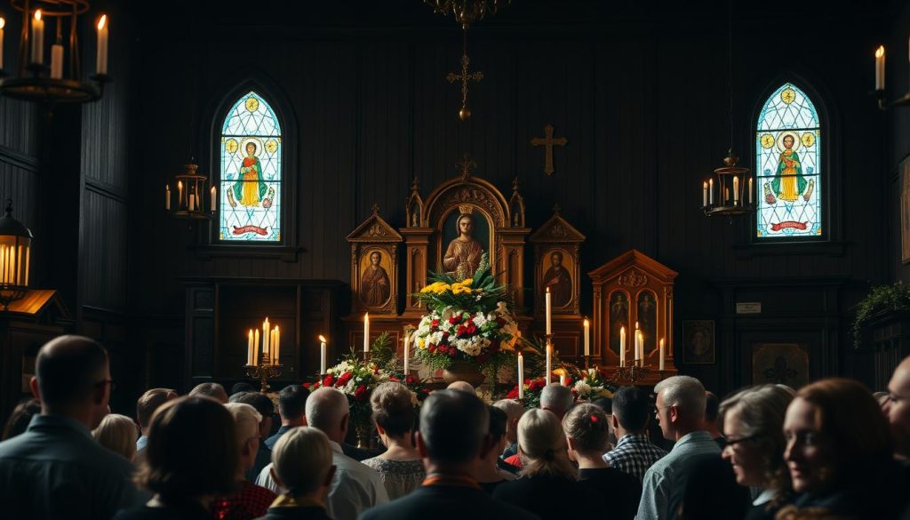 A cozy Orthodox church interior, dimly lit by flickering candles and stained glass windows. At the center, a display of ornate icons and religious relics, adorned with fresh flowers and greenery, representing the traditional "nameday" or "imeniny" celebrations honoring a saint's feast day. In the foreground, a group of people, dressed in traditional Russian attire, gathered to offer their prayers and well-wishes, their faces filled with a sense of reverence and community. The atmosphere is serene, with a touch of solemnity, evoking the rich cultural heritage and enduring spiritual traditions of the Russian Orthodox faith. A cozy Orthodox church interior, dimly lit by flickering candles and stained glass windows. At the center, a display of ornate icons and religious relics, adorned with fresh flowers and greenery, representing the traditional "nameday" or "imeniny" celebrations honoring a saint's feast day. In the foreground, a group of people, dressed in traditional Russian attire, gathered to offer their prayers and well-wishes, their faces filled with a sense of reverence and community. The atmosphere is serene, with a touch of solemnity, evoking the rich cultural heritage and enduring spiritual traditions of the Russian Orthodox faith.