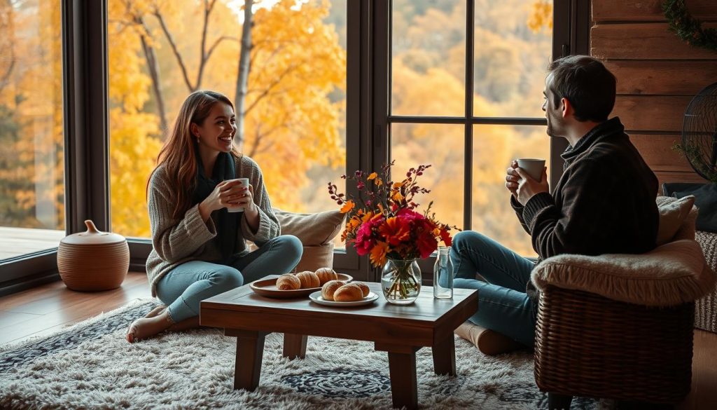 A cozy scene of two friends spending quality time together, enjoying a warm autumn day. In the foreground, they sit on a plush rug, sipping hot drinks and engaged in animated conversation. The middle ground features a rustic wooden table with fresh pastries and a vase of vibrant flowers. In the background, a large window overlooks a picturesque landscape of fall foliage, bathed in soft, golden light. The overall mood is one of comfort, connection, and cherishing the simple pleasures of life with loved ones. A cozy scene of two friends spending quality time together, enjoying a warm autumn day. In the foreground, they sit on a plush rug, sipping hot drinks and engaged in animated conversation. The middle ground features a rustic wooden table with fresh pastries and a vase of vibrant flowers. In the background, a large window overlooks a picturesque landscape of fall foliage, bathed in soft, golden light. The overall mood is one of comfort, connection, and cherishing the simple pleasures of life with loved ones.