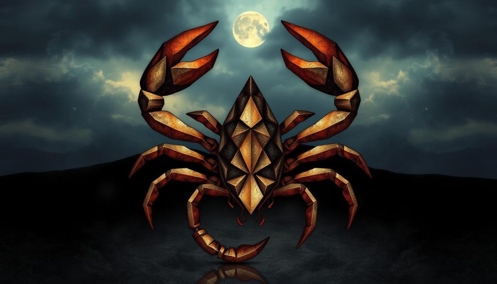 A detailed and stylized illustration of the astrological symbol for the Scorpio zodiac sign. The centerpiece is a striking and intricate scorpion figure, its body composed of overlapping geometric patterns and textures suggestive of its powerful, mysterious nature. The scorpion is rendered in deep, earthy tones, with hints of metallic accents that evoke its connection to the planet Mars. The background features a moody, atmospheric landscape with dramatic lighting and shadows, evoking the scorpion's nocturnal habits and the secretive, intense energy of the sign. The overall composition is balanced and visually striking, capturing the essence of Scorpio in a compelling, artistic way. A detailed and stylized illustration of the astrological symbol for the Scorpio zodiac sign. The centerpiece is a striking and intricate scorpion figure, its body composed of overlapping geometric patterns and textures suggestive of its powerful, mysterious nature. The scorpion is rendered in deep, earthy tones, with hints of metallic accents that evoke its connection to the planet Mars. The background features a moody, atmospheric landscape with dramatic lighting and shadows, evoking the scorpion's nocturnal habits and the secretive, intense energy of the sign. The overall composition is balanced and visually striking, capturing the essence of Scorpio in a compelling, artistic way.