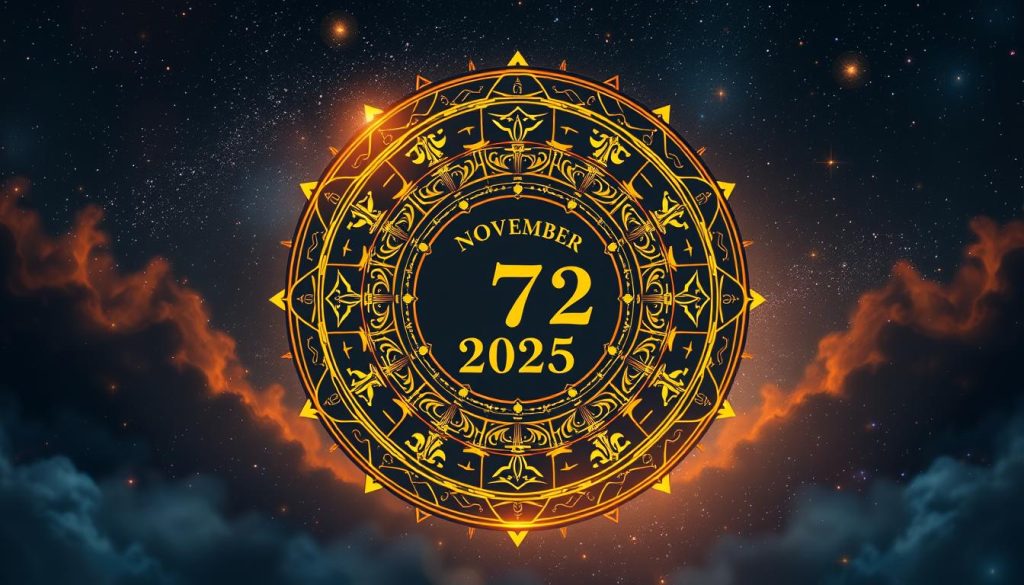 A detailed and visually striking numerology-inspired illustration of November 7, 2025. A central mandala-like circular motif features symbolic numeric elements, intricate patterns, and a warm, otherworldly glow. The foreground showcases elegant calligraphic numerals and astrological symbols, while the background depicts a mystical, starry night sky in deep, saturated hues. The overall composition conveys a sense of spiritual significance, harmony, and the mystical power of the date. Soft, diffused lighting casts a contemplative, ethereal mood. The image should evoke a sense of wonder and the enchantment of numerological divination.