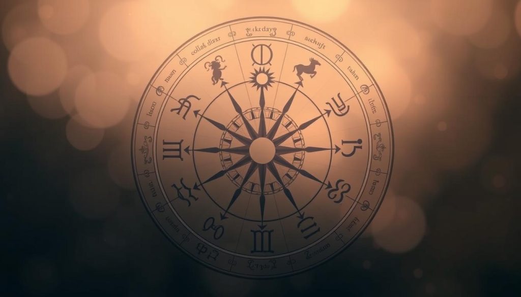 A detailed astrological chart displaying the twelve zodiac signs, rendered in a minimalist, elegant style. The chart is set against a softly muted, atmospheric background, bathed in warm, ambient lighting. The zodiac symbols are depicted with precise, geometric linework, each sign occupying its own distinct section of the circular composition. The overall aesthetic is one of mysticism and timeless wisdom, inviting the viewer to explore the hidden meanings and insights of the celestial world.