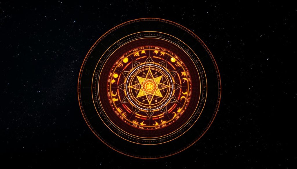 A detailed astrological chart with a central zodiac symbol surrounded by planets, moons, and celestial bodies. The chart is illuminated by a warm, soft light, casting a mystical glow. The background is a deep, inky night sky dotted with twinkling stars. The overall composition is balanced and symmetrical, with the zodiac symbol as the focal point. The image conveys a sense of ancient wisdom, cosmic connection, and the powerful energy of the celestial realm. A detailed astrological chart with a central zodiac symbol surrounded by planets, moons, and celestial bodies. The chart is illuminated by a warm, soft light, casting a mystical glow. The background is a deep, inky night sky dotted with twinkling stars. The overall composition is balanced and symmetrical, with the zodiac symbol as the focal point. The image conveys a sense of ancient wisdom, cosmic connection, and the powerful energy of the celestial realm.