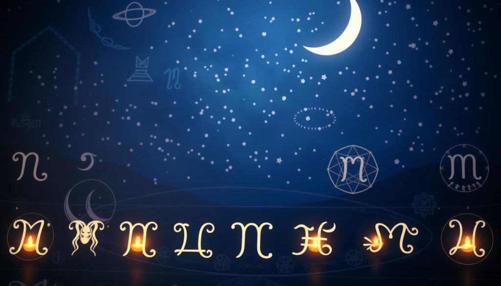A detailed, astrological horoscope scene showcasing the twelve zodiac signs. In the foreground, the twelve zodiac symbols are prominently displayed, each illuminated by a soft, heavenly glow. The middle ground features zodiac-themed illustrations, such as celestial patterns, planetary motifs, and mystical symbols. The background depicts a serene, starry night sky, with a crescent moon casting a gentle, otherworldly light across the composition. The overall mood is one of tranquility, mysticism, and the allure of the celestial realm. The lighting is muted and atmospheric, creating a sense of enchantment and wonder. A detailed, astrological horoscope scene showcasing the twelve zodiac signs. In the foreground, the twelve zodiac symbols are prominently displayed, each illuminated by a soft, heavenly glow. The middle ground features zodiac-themed illustrations, such as celestial patterns, planetary motifs, and mystical symbols. The background depicts a serene, starry night sky, with a crescent moon casting a gentle, otherworldly light across the composition. The overall mood is one of tranquility, mysticism, and the allure of the celestial realm. The lighting is muted and atmospheric, creating a sense of enchantment and wonder.