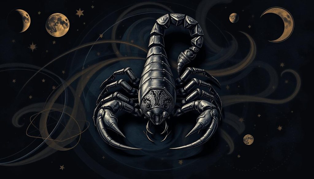 A detailed astrological illustration depicting the zodiac symbol for Scorpio, the eighth sign of the Western astrological calendar. Rendered in a dark, moody palette with deep shadows and dramatic lighting, the central scorpion figure is depicted with intricate, textured patterns across its body. The scorpion's claws and venomous tail are prominently featured, conveying a sense of power and intensity. Swirling celestial elements such as stars, moons, and planetary motifs fill the background, creating a mystical, otherworldly atmosphere. The overall composition evokes the brooding, enigmatic nature associated with the Scorpio sign.
