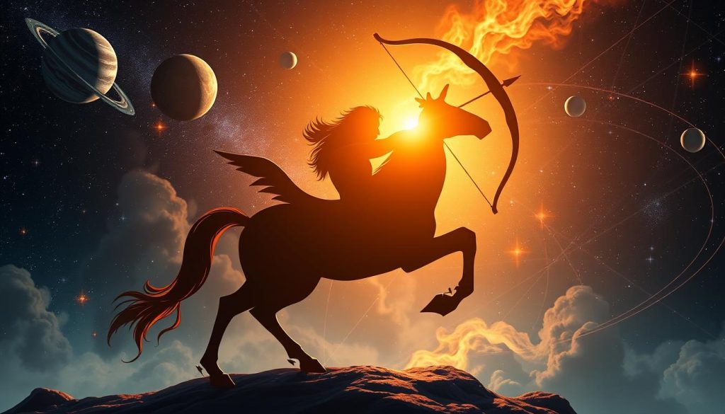 A detailed astrological illustration of the Sagittarius zodiac sign. Depict the centaur archer silhouette in a striking pose, with a celestial background of stars, planets, and cosmic energy. Include symbolic elements like the bow, arrow, and fire imagery to capture the sign's fiery nature. Use a dramatic lighting setup, with a warm, golden glow illuminating the central figure. Render the image in a stylized, fantastical manner to evoke the mystical essence of astrology. Maintain a harmonious balance between the realistic and the imaginative to create a visually captivating representation of the Sagittarius zodiac. A detailed astrological illustration of the Sagittarius zodiac sign. Depict the centaur archer silhouette in a striking pose, with a celestial background of stars, planets, and cosmic energy. Include symbolic elements like the bow, arrow, and fire imagery to capture the sign's fiery nature. Use a dramatic lighting setup, with a warm, golden glow illuminating the central figure. Render the image in a stylized, fantastical manner to evoke the mystical essence of astrology. Maintain a harmonious balance between the realistic and the imaginative to create a visually captivating representation of the Sagittarius zodiac.