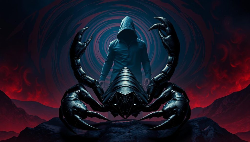 A detailed astrological illustration of the Scorpio zodiac sign, depicting a powerful, mysterious figure against a moody, atmospheric backdrop. The foreground shows a stylized scorpion, its claws and tail poised with primal intensity, rendered in a dark, rich color palette. The middle ground features a brooding, shadowy human form, embodying the Scorpio's renowned intensity, depth, and transformative nature. The background is a swirling, otherworldly landscape, with deep hues of crimson, indigo, and obsidian, conveying the sign's association with the occult, the subconscious, and the hidden aspects of the human experience. Dramatic lighting casts dramatic shadows, heightening the sense of mystery and intrigue. Cinematic, evocative, and steeped in the symbolic power of the Scorpio archetype. A detailed astrological illustration of the Scorpio zodiac sign, depicting a powerful, mysterious figure against a moody, atmospheric backdrop. The foreground shows a stylized scorpion, its claws and tail poised with primal intensity, rendered in a dark, rich color palette. The middle ground features a brooding, shadowy human form, embodying the Scorpio's renowned intensity, depth, and transformative nature. The background is a swirling, otherworldly landscape, with deep hues of crimson, indigo, and obsidian, conveying the sign's association with the occult, the subconscious, and the hidden aspects of the human experience. Dramatic lighting casts dramatic shadows, heightening the sense of mystery and intrigue. Cinematic, evocative, and steeped in the symbolic power of the Scorpio archetype.