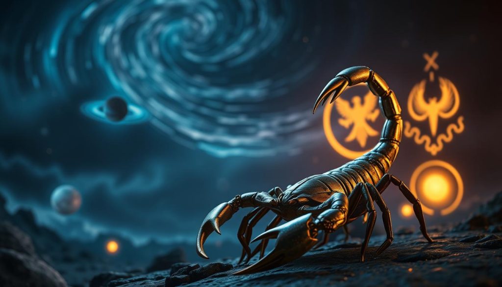 A detailed, astrological illustration of the Scorpio zodiac symbol. In the foreground, an intricate scorpion with sharp pincers and a curved tail stands poised, its body shimmering with metallic hues. The scorpion is set against a moody, nocturnal backdrop of deep blues and purples, with swirling celestial patterns in the sky. The middle ground features glowing planetary orbs and mystical symbols associated with Scorpio, such as the serpent or the phoenix. The overall scene conveys a sense of power, intensity, and occult mystery, reflecting the passionate, transformative nature of the Scorpio sign. Dramatic lighting and a high-contrast, cinematic lens add depth and drama to the composition.