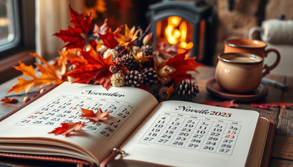 A detailed calendar for November 2025, displayed against a warm, autumnal backdrop. In the foreground, a leather-bound journal lies open, its pages showcasing the days of the month, highlighted with intricate calligraphic flourishes. The middle ground features a cluster of seasonal flora - vibrant orange and red leaves, pine cones, and a few late-blooming flowers. In the background, a softly lit, cozy interior setting, with a wooden table, a steaming mug of tea, and a crackling fireplace, creating a sense of comfort and tradition. The overall mood is one of reflection, nostalgia, and the anticipation of the coming winter months.