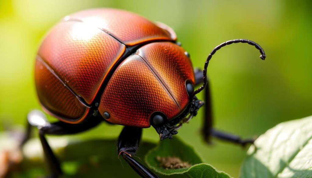 A detailed close-up of a majestic Slavic June beetle (Melolontha melolontha), also known as a "Хрущ", against a blurred natural backdrop. The insect's intricate carapace features a rich chestnut brown hue with delicate metallic shimmering highlights. Soft, diffused sunlight from an angle gently illuminates the beetle's robust, rounded form, casting subtle shadows that accentuate its sculptural features. The depth of field is shallow, allowing the subject to be the primary focus, while the surrounding foliage and textures recede into a hazy, verdant blur. The overall mood is one of reverence and appreciation for this important cultural symbol of Slavic folklore and the rhythms of the natural world.