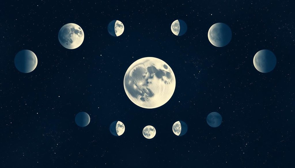 A detailed, high-resolution lunar calendar illustration for November, showcasing the phases of the moon against a starry night sky backdrop. The foreground features a central moon in a waxing crescent shape, surrounded by smaller inset moons depicting the full lunar cycle. The middle ground includes faint silhouettes of celestial bodies and nebulae, while the background is a deep, inky blackness peppered with twinkling stars. The scene is rendered with a soft, muted color palette, creating an atmospheric, contemplative mood evocative of the natural rhythms of the heavens. A detailed, high-resolution lunar calendar illustration for November, showcasing the phases of the moon against a starry night sky backdrop. The foreground features a central moon in a waxing crescent shape, surrounded by smaller inset moons depicting the full lunar cycle. The middle ground includes faint silhouettes of celestial bodies and nebulae, while the background is a deep, inky blackness peppered with twinkling stars. The scene is rendered with a soft, muted color palette, creating an atmospheric, contemplative mood evocative of the natural rhythms of the heavens.
