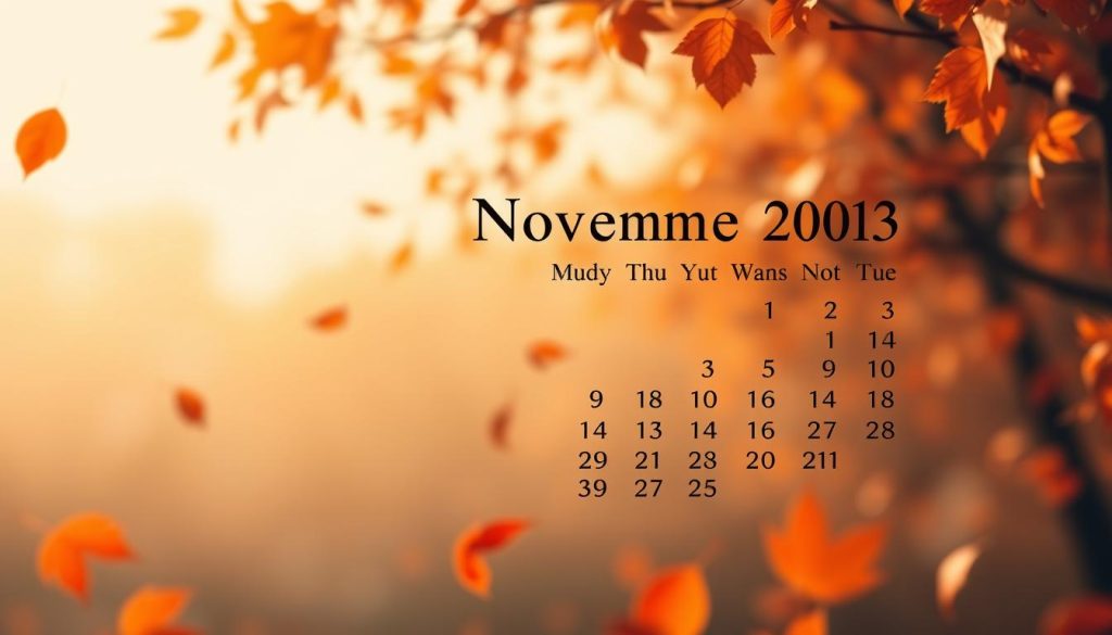 A detailed, high-resolution November calendar in a warm, autumnal color palette. The foreground showcases the current date, 23rd of November 2025, prominently displayed in a classic typeface. The middle ground features a clean, minimalist layout with weekday names and numerical dates, seamlessly blending into the background. The background depicts a serene, nature-inspired scene, with falling leaves and a muted, golden-hued sky, creating a cozy and nostalgic atmosphere. The lighting is soft and diffused, lending a sense of tranquility to the overall composition. The camera angle is slightly elevated, providing a balanced and visually appealing perspective. A detailed, high-resolution November calendar in a warm, autumnal color palette. The foreground showcases the current date, 23rd of November 2025, prominently displayed in a classic typeface. The middle ground features a clean, minimalist layout with weekday names and numerical dates, seamlessly blending into the background. The background depicts a serene, nature-inspired scene, with falling leaves and a muted, golden-hued sky, creating a cozy and nostalgic atmosphere. The lighting is soft and diffused, lending a sense of tranquility to the overall composition. The camera angle is slightly elevated, providing a balanced and visually appealing perspective.