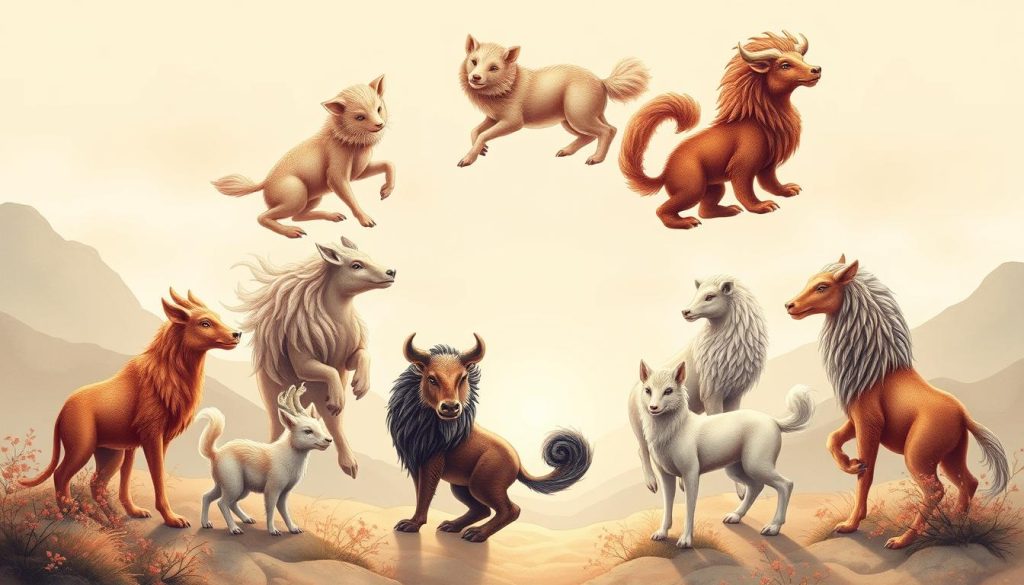 A detailed illustration of the Chinese zodiac, depicting the 12 animal signs arranged in a circular pattern against a harmonious background. The animals, rendered with intricate, lifelike detail, are set in a serene, dreamlike landscape with a soft, muted color palette. The scene is illuminated by a warm, diffused lighting, creating a sense of tranquility and timelessness. The composition showcases the interconnected nature of the zodiac, with the animals positioned in a way that highlights their symbolic relationships and the cyclical nature of the Chinese lunar calendar. A detailed illustration of the Chinese zodiac, depicting the 12 animal signs arranged in a circular pattern against a harmonious background. The animals, rendered with intricate, lifelike detail, are set in a serene, dreamlike landscape with a soft, muted color palette. The scene is illuminated by a warm, diffused lighting, creating a sense of tranquility and timelessness. The composition showcases the interconnected nature of the zodiac, with the animals positioned in a way that highlights their symbolic relationships and the cyclical nature of the Chinese lunar calendar.