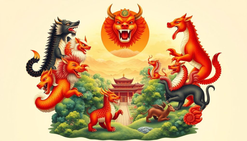 A detailed illustration of the Chinese zodiac, depicting the 12 animal signs arranged in a circular composition. The foreground features the zodiac animals in vibrant, lifelike detail, with each creature rendered with a unique personality and dynamic pose. The middle ground showcases a traditional Chinese landscape, with pagodas, mountains, and lush foliage creating a harmonious backdrop. The background is illuminated by a warm, golden light, evoking a sense of timelessness and cultural significance. The overall scene conveys the rich history and symbolic importance of the Chinese zodiac, suitable for an article exploring the topic of determining one's zodiac sign. A detailed illustration of the Chinese zodiac, depicting the 12 animal signs arranged in a circular composition. The foreground features the zodiac animals in vibrant, lifelike detail, with each creature rendered with a unique personality and dynamic pose. The middle ground showcases a traditional Chinese landscape, with pagodas, mountains, and lush foliage creating a harmonious backdrop. The background is illuminated by a warm, golden light, evoking a sense of timelessness and cultural significance. The overall scene conveys the rich history and symbolic importance of the Chinese zodiac, suitable for an article exploring the topic of determining one's zodiac sign.