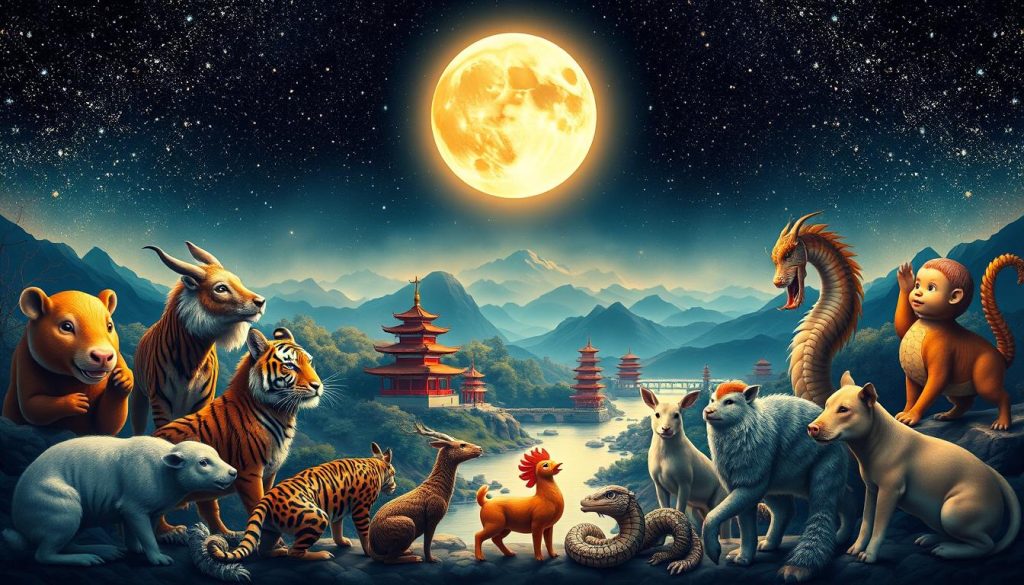 A detailed illustration of the Chinese zodiac, depicting the 12 zodiac animals in a harmonious arrangement. The foreground showcases the 12 animals - rat, ox, tiger, rabbit, dragon, snake, horse, goat, monkey, rooster, dog, and pig - each rendered with striking realism and vibrant colors. The animals are arranged in a circular pattern, symbolizing the cyclical nature of the Chinese zodiac. In the middle ground, a traditional Chinese landscape unfolds, with pagodas, mountains, and a serene river. The background features a starry night sky, with a full moon casting a warm, ethereal glow over the entire scene. The lighting is soft and diffused, creating a dreamlike, mystical atmosphere that captures the essence of the Chinese zodiac. A detailed illustration of the Chinese zodiac, depicting the 12 zodiac animals in a harmonious arrangement. The foreground showcases the 12 animals - rat, ox, tiger, rabbit, dragon, snake, horse, goat, monkey, rooster, dog, and pig - each rendered with striking realism and vibrant colors. The animals are arranged in a circular pattern, symbolizing the cyclical nature of the Chinese zodiac. In the middle ground, a traditional Chinese landscape unfolds, with pagodas, mountains, and a serene river. The background features a starry night sky, with a full moon casting a warm, ethereal glow over the entire scene. The lighting is soft and diffused, creating a dreamlike, mystical atmosphere that captures the essence of the Chinese zodiac.