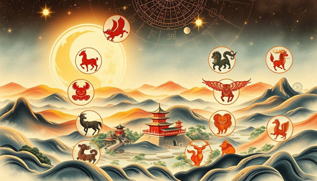 A detailed illustration of the Chinese zodiac, showcasing the 12 animal signs arranged in a harmonious circular composition. The foreground features the zodiac symbols rendered in a traditional Chinese ink painting style, with intricate brushstrokes and vibrant colors. The middle ground depicts a serene landscape of rolling hills, pagodas, and winding rivers, bathed in warm, golden lighting. In the background, a celestial sky with astrological patterns and the phases of the moon create a sense of mysticism and ancient wisdom. The entire scene evokes the rich cultural heritage and spiritual significance of the Chinese zodiac system. A detailed illustration of the Chinese zodiac, showcasing the 12 animal signs arranged in a harmonious circular composition. The foreground features the zodiac symbols rendered in a traditional Chinese ink painting style, with intricate brushstrokes and vibrant colors. The middle ground depicts a serene landscape of rolling hills, pagodas, and winding rivers, bathed in warm, golden lighting. In the background, a celestial sky with astrological patterns and the phases of the moon create a sense of mysticism and ancient wisdom. The entire scene evokes the rich cultural heritage and spiritual significance of the Chinese zodiac system.