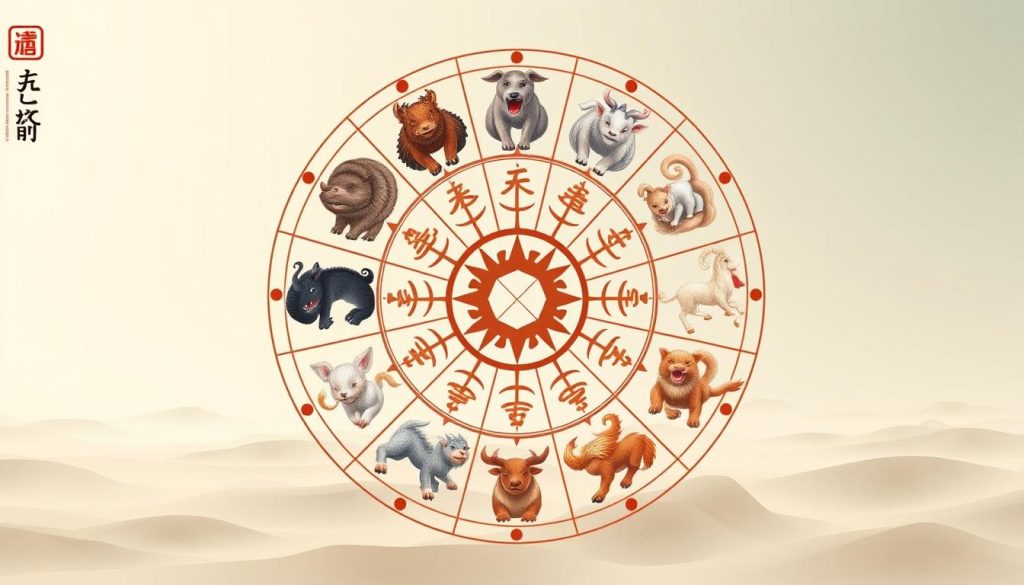 A detailed illustration of the Chinese zodiac wheel, featuring the 12 zodiac animals arranged in a circular pattern. The animals are rendered with meticulous attention to their distinctive features and expressions, capturing their unique personalities. The background is a serene, minimalist landscape with subtle gradients, allowing the zodiac symbols to take center stage. The overall composition is balanced and visually striking, conveying the timeless wisdom and cultural significance of the Chinese astrological system.