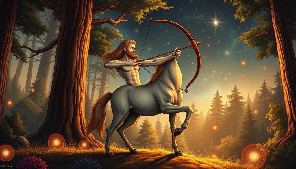 A detailed illustration of the Sagittarius zodiac sign, featuring a centaur archer standing in a lush, mystical forest. The centaur holds a bow, its human torso and face exuding a wise, adventurous spirit. The background blends towering trees, glowing motes of light, and a starry night sky, creating a sense of cosmic wonder and ancient wisdom. Warm lighting bathes the scene, casting soft shadows and highlights that accentuate the mythical creature's form. The overall composition conveys the Sagittarius' characteristics of curiosity, exploration, and a connection to the divine.