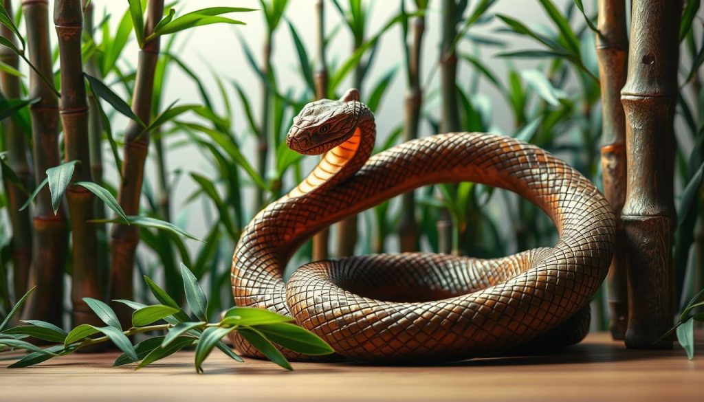 A detailed, intricately carved wooden sculpture of a sinuous snake coiled gracefully, its scales catching the warm glow of soft, ambient lighting. The snake's body weaves through a lush, verdant backdrop of stylized bamboo stalks, creating a harmonious fusion of natural and artistic elements. The overall composition evokes a sense of tranquility, balance, and the timeless wisdom associated with the Chinese zodiac's Year of the Wood Snake. The scene is photographed with a wide-angle lens, emphasizing the sculptural details and the harmonious integration of the snake within its serene, contemplative environment.