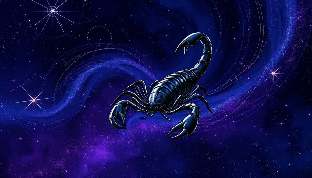 A detailed, mystical illustration of the Scorpio zodiac sign. A central figure of a scorpion silhouetted against a starry night sky, with intricate celestial patterns and glowing constellations in the background. Waves of cosmic energy and swirling purple-blue hues create a sense of depth and otherworldly power. The scorpion's claws and tail are highlighted, conveying its fierce and intense nature. Dramatic lighting from the side casts dynamic shadows, enhancing the dramatic, foreboding mood. A visually compelling depiction of the Scorpio zodiac, brimming with astrological symbolism and a touch of the mystical. A detailed, mystical illustration of the Scorpio zodiac sign. A central figure of a scorpion silhouetted against a starry night sky, with intricate celestial patterns and glowing constellations in the background. Waves of cosmic energy and swirling purple-blue hues create a sense of depth and otherworldly power. The scorpion's claws and tail are highlighted, conveying its fierce and intense nature. Dramatic lighting from the side casts dynamic shadows, enhancing the dramatic, foreboding mood. A visually compelling depiction of the Scorpio zodiac, brimming with astrological symbolism and a touch of the mystical.