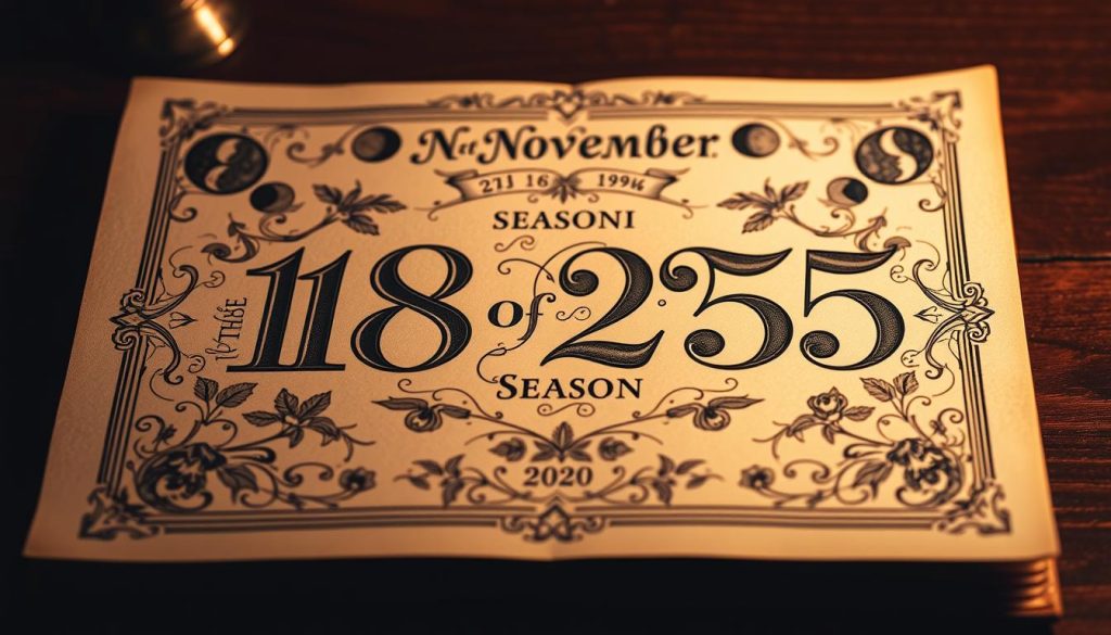 A detailed, ornate calendar page depicting the 18th of November 2025. The page is rendered in a traditional woodcut style, with an elegant border and intricate floral elements. The date is prominently displayed in a decorative script, surrounded by detailed illustrations of the lunar phases, days of the week, and the current season. The overall mood is one of timeless elegance and vintage charm, evoking the feel of an antique calendar or almanac. The lighting is soft and warm, with subtle shadows and highlights that add depth and dimension to the scene. The composition is balanced and visually striking, drawing the viewer's eye to the key details of the "card of the day."