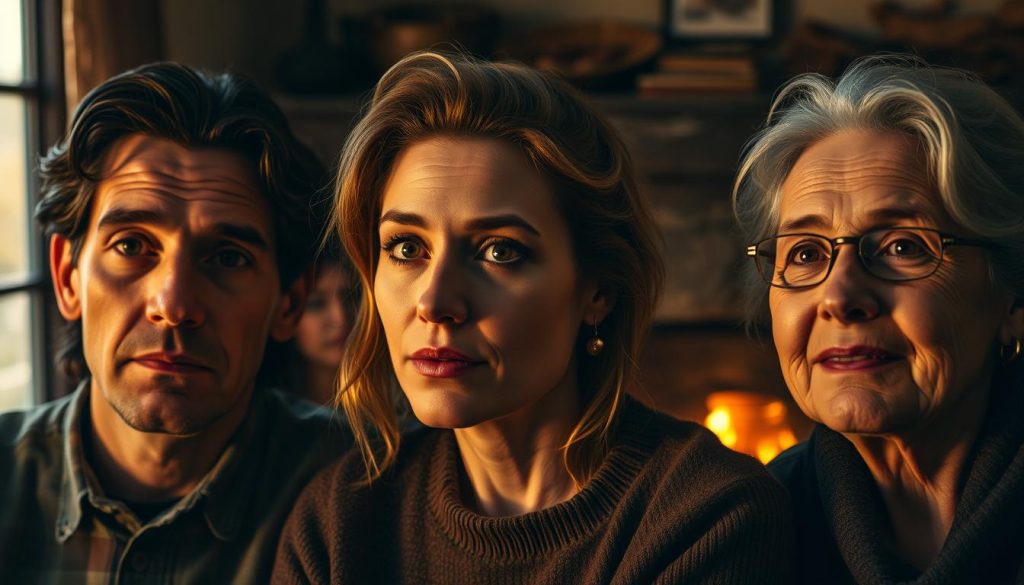 A detailed portrait of a group of people born in November, gathered in a cozy, dimly-lit setting. The central figures are three individuals, each radiating a distinct personality - a pensive intellectual, an expressive artist, and a warm, nurturing caregiver. Their faces are illuminated by soft, golden light, casting gentle shadows that accentuate their features. The background is a muted, autumnal palette, with hints of rustic furnishings and a crackling fireplace, creating a sense of timeless elegance and introspection. The composition is balanced and visually compelling, inviting the viewer to explore the unique stories and characteristics of these "born in November" individuals.
