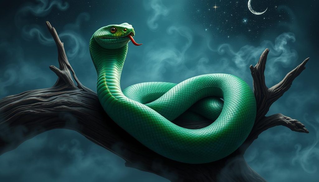 A detailed, realistic illustration of the Snake zodiac sign in a serene, ethereal setting. A large, coiled snake wraps its body around a gnarled tree branch, its emerald scales glistening in the soft, diffused lighting. The snake's head rises up, its eyes sharp and alert, tongue flickering. Misty wisps of smoke or fog curl around the scene, creating an aura of mystery. In the background, a night sky with glittering stars or a crescent moon adds to the mystical ambiance. The composition is balanced, with the snake as the central focus, surrounded by natural elements that evoke the essence of the Snake zodiac sign. A detailed, realistic illustration of the Snake zodiac sign in a serene, ethereal setting. A large, coiled snake wraps its body around a gnarled tree branch, its emerald scales glistening in the soft, diffused lighting. The snake's head rises up, its eyes sharp and alert, tongue flickering. Misty wisps of smoke or fog curl around the scene, creating an aura of mystery. In the background, a night sky with glittering stars or a crescent moon adds to the mystical ambiance. The composition is balanced, with the snake as the central focus, surrounded by natural elements that evoke the essence of the Snake zodiac sign.